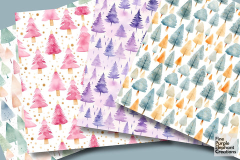 Pastel Watercolor Christmas Pine Trees Digital Pattern Fine Purple Elephant Creations 
