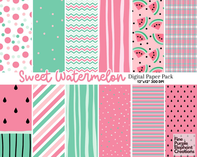 Pastel Watermelon Digital Paper | Summer Themed Scrapbook Digital Pattern Fine Purple Elephant Creations 