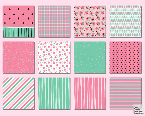 Pastel Watermelon Digital Paper | Summer Themed Scrapbook Digital Pattern Fine Purple Elephant Creations 