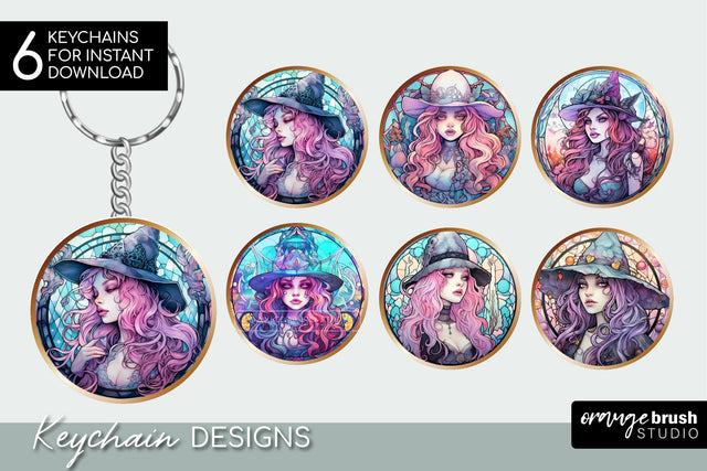 Pastel Witch Halloween Keychain Bundle Stained Glass Style Sublimation OrangeBrushStudio 