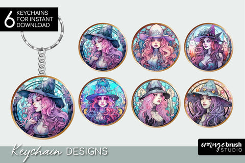 Pastel Witch Halloween Keychain Bundle Stained Glass Style Sublimation OrangeBrushStudio 