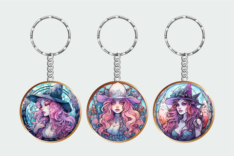 Pastel Witch Halloween Keychain Bundle Stained Glass Style Sublimation OrangeBrushStudio 