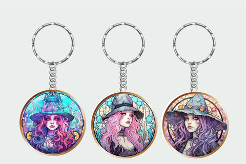 Pastel Witch Halloween Keychain Bundle Stained Glass Style Sublimation OrangeBrushStudio 