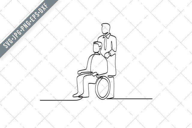 Patient Sitting on Wheelchair with Doctor or Nurse Caregiver Continuous Line Drawing SVG Patrimonio Designs Limited 