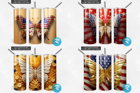 Patriotic 3D Butterfly Png Tumbler Bundle Sublimation Regulrcrative 