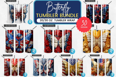Patriotic 3D Butterfly Png Tumbler Bundle Sublimation Regulrcrative 