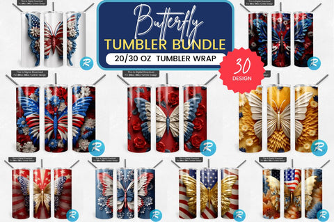 Patriotic 3D Butterfly Png Tumbler Bundle Sublimation Regulrcrative 
