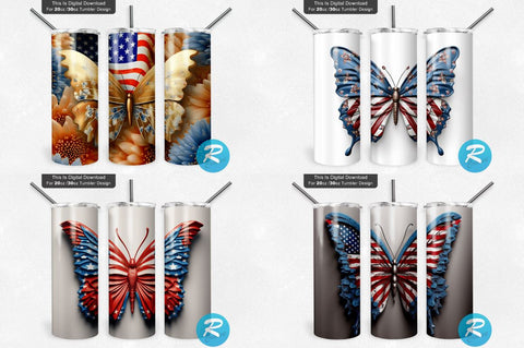Patriotic 3D Butterfly Png Tumbler Bundle Sublimation Regulrcrative 