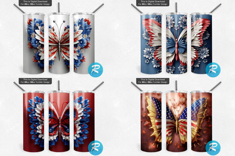 Patriotic 3D Butterfly Png Tumbler Bundle Sublimation Regulrcrative 