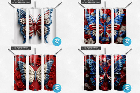 Patriotic 3D Butterfly Png Tumbler Bundle Sublimation Regulrcrative 