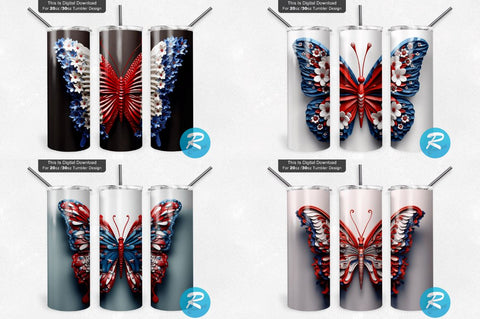 Patriotic 3D Butterfly Png Tumbler Bundle Sublimation Regulrcrative 