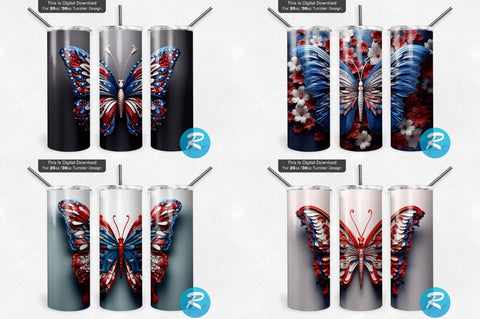 Patriotic 3D Butterfly Png Tumbler Bundle Sublimation Regulrcrative 