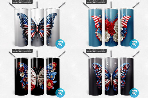 Patriotic 3D Butterfly Png Tumbler Bundle Sublimation Regulrcrative 