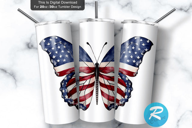 Patriotic American Flag Butterfly 20 oz / 30 oz Tumbler PNG Sublimation Regulrcrative 