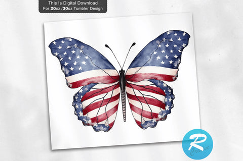 Patriotic American Flag Butterfly 20 oz / 30 oz Tumbler PNG Sublimation Regulrcrative 