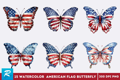 Patriotic American Flag Butterfly Clipart Bundle Sublimation Regulrcrative 