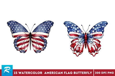 Patriotic American Flag Butterfly Clipart Bundle Sublimation Regulrcrative 