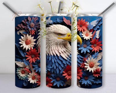 Patriotic Bald Eagle Paper Quilling 20oz Skinny Tumbler Png, Flowers With United States Flag Tumbler, 3D Patriotic Sublimation, Grunge Bald Eagle, Fourth Of July Sublimation PixelChick 