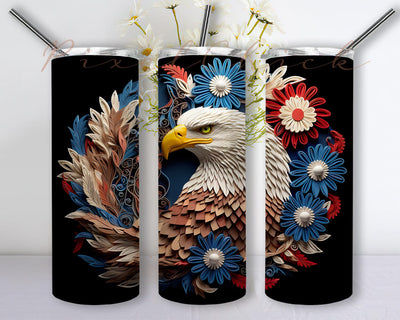 Patriotic Bald Eagle Paper Quilling 20oz Skinny Tumbler Png, Flowers With United States Flag Tumbler, 3D Patriotic Sublimation, Grunge Bald Eagle, Fourth Of July Sublimation PixelChick 