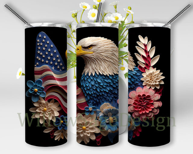 Patriotic Bald Eagle Paper Quilling 20oz Skinny Tumbler Png, Flowers With United States Flag Tumbler, 3D Patriotic Sublimation, Grunge Bald Eagle, Fourth Of July Sublimation WillowSageDesign 
