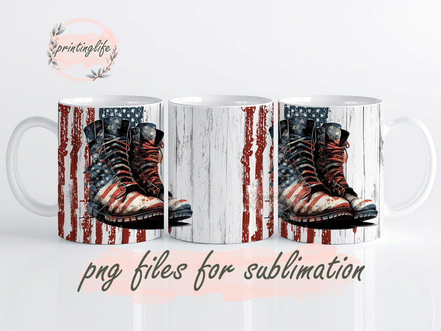 Patriotic Boots Mug Wrap, 4th of July Mug Wrap Design, Watercolor Army Boots with American Flag PNG Sublimation PrintingLife 