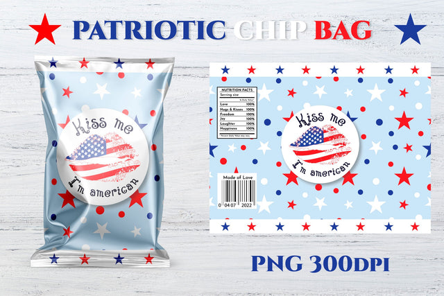 Patriotic chip bag. Kiss me I'm american. Printable design. Sublimation Angelina Semenova 