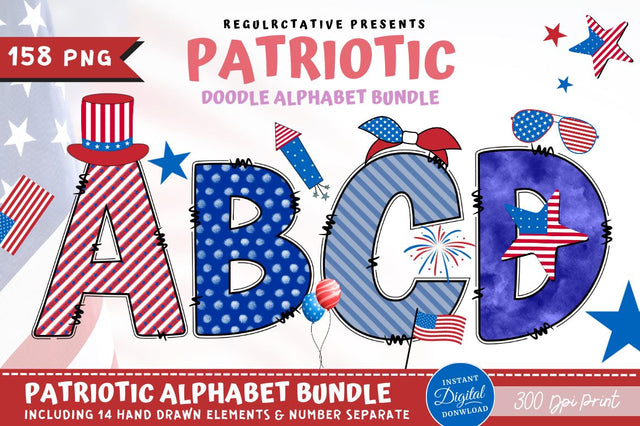 Patriotic Doodle Alphabet Bundle with Hand Drawn Clipart Font Regulrcrative 