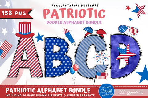 Patriotic Doodle Alphabet Bundle with Hand Drawn Clipart Font Regulrcrative 
