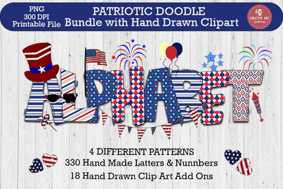 Patriotic Doodle Alphabet Bundle with Hand Drawn Clipart Sublimation jacpot007 