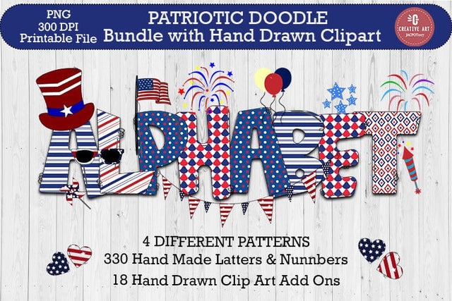 Patriotic Doodle Alphabet Bundle with Hand Drawn Clipart Sublimation jacpot007 