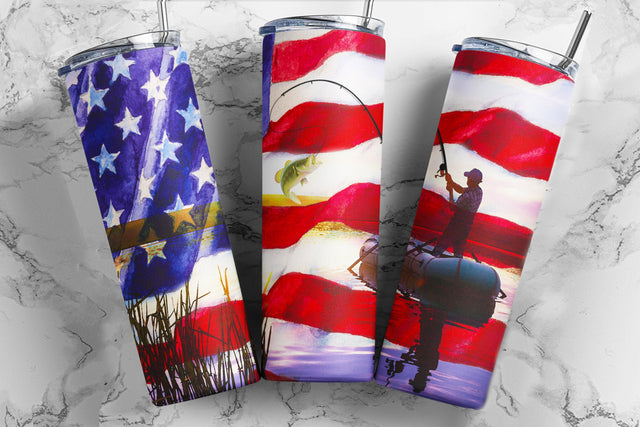Patriotic Flag Fishing Tumbler, Fishing 20 oz Skinny Tumbler Sublimation Design Template Digital Download Sublimation TumblersByPhill 