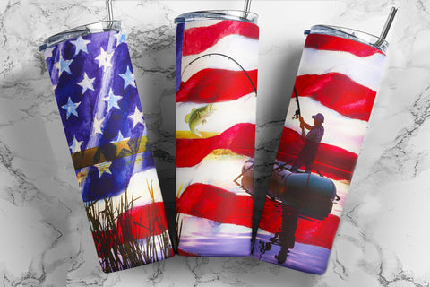 Patriotic Flag Fishing Tumbler, Fishing 20 oz Skinny Tumbler Sublimation Design Template Digital Download Sublimation TumblersByPhill 