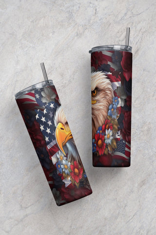 Patriotic Floral Bald Eagle tumbler design, patriotic sublimation design, bald eagle flowers, 20oz Skinny Tumbler Sublimation Design Templates Sublimation CaldwellArt 