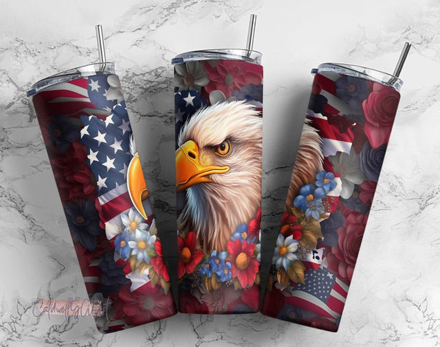 Patriotic Floral Bald Eagle tumbler design, patriotic sublimation design, bald eagle flowers, 20oz Skinny Tumbler Sublimation Design Templates Sublimation CaldwellArt 