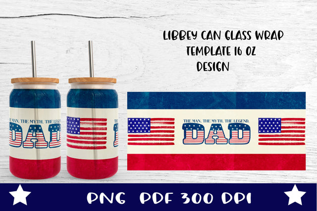 Patriotic Glass Can Full Wrap. Fathers Day Libbey Glass Can. Sublimation Samaha Design 