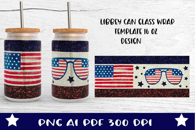 Patriotic Glass Can Full Wrap. Libbey Beer Glass Can Wrap. Sublimation Samaha Design 