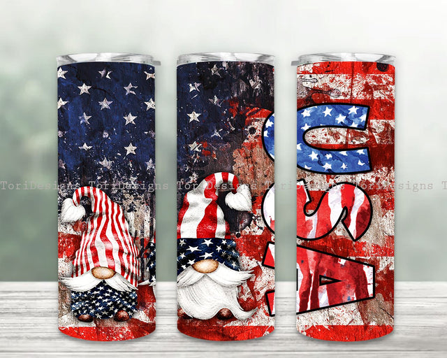 Patriotic Gnomes 20 oz Skinny Tumbler Wrap, Sublimation Straight Design PNG, 4th of July America Flag, Funny American Design Sublimation ToriDesigns 