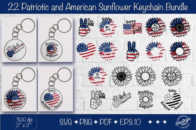 Patriotic Keychain svg bundle Fourth of July keychain, with American sunflower, Sunflower us flag svg, 4th of July sunflower, My first 4th SVG Createya Design 