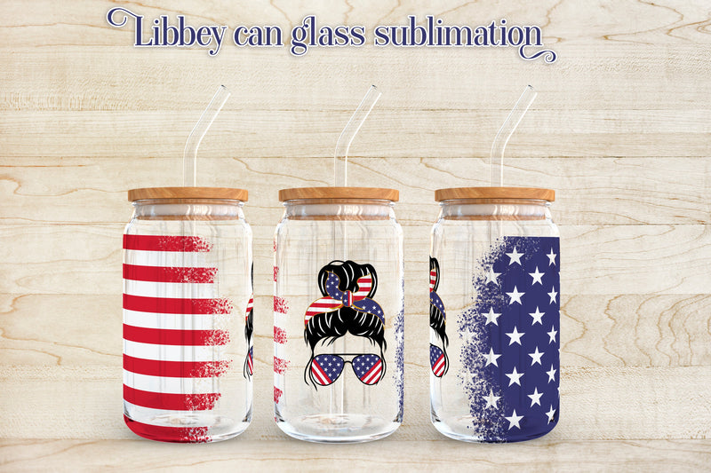 Patriotic libbey can glass | Messy bun PNG Sublimation Svetana Studio 
