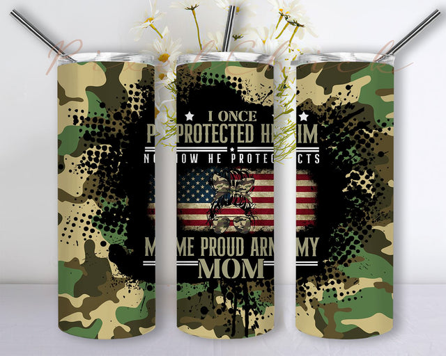 Patriotic Military Mom Camoflauge Camo Messy Bun I Protected Him Sublimation Design, 20 oz Skinny Tumbler Wrap Sublimation PixelChick 