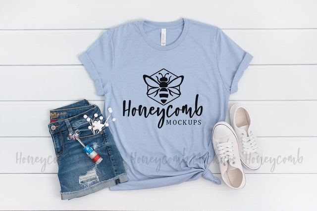 Patriotic Mockup, Heather Blue Bella Canvas 3001, 4th of July Mockup Mock Up Photo Honeycomb Mockups 