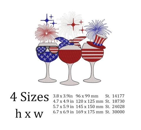 Patriotic Red wine & Blue fireworks Machine embroidery design, Happy 4th July ,Patriotic Wine glass embroidery design. Embroidery/Applique DESIGNS ArtEMByNatalia 
