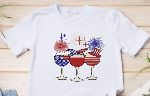 Patriotic Red wine & Blue fireworks Machine embroidery design, Happy 4th July ,Patriotic Wine glass embroidery design. Embroidery/Applique DESIGNS ArtEMByNatalia 