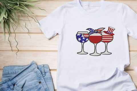 Patriotic Red wine & Blue Machine embroidery design, Happy 4th July ,Patriotic Wine glass embroidery design. Embroidery/Applique DESIGNS ArtEMByNatalia 