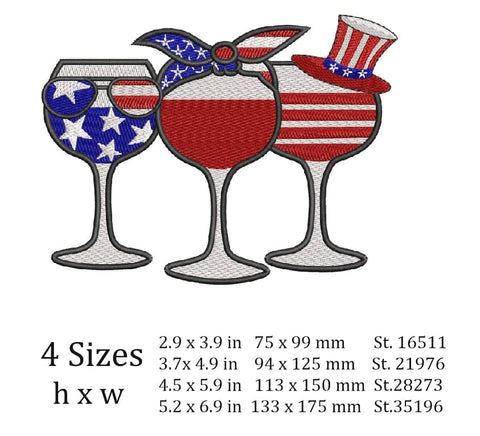 Patriotic Red wine & Blue Machine embroidery design, Happy 4th July ,Patriotic Wine glass embroidery design. Embroidery/Applique DESIGNS ArtEMByNatalia 