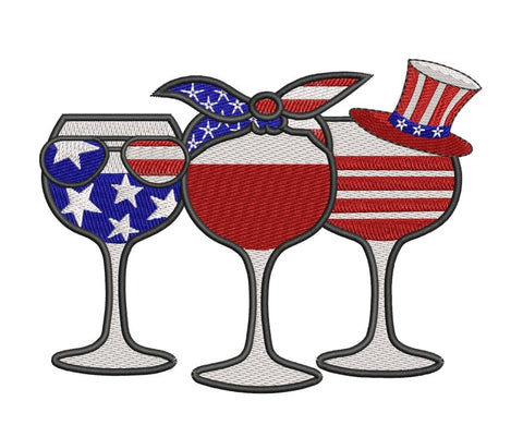 Patriotic Red wine & Blue Machine embroidery design, Happy 4th July ,Patriotic Wine glass embroidery design. Embroidery/Applique DESIGNS ArtEMByNatalia 