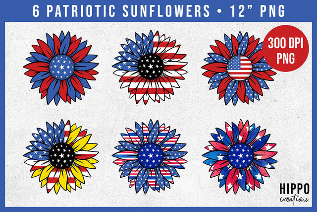 Patriotic Sunflower Bundle | Six 4th of July Sunflower PNG Sublimation Hippo Creations 
