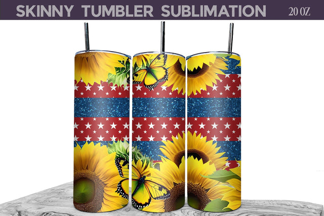 Patriotic Sunflowers And Butterfly Tumbler Sublimation WatercolorColorDream 