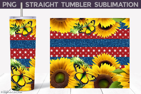Patriotic Sunflowers And Butterfly Tumbler Sublimation WatercolorColorDream 