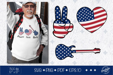 Patriotic SVG quotes, heart flag svg, patriotic flag Peace Love Rock SVG Createya Design 